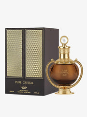 Lattafa Pure Crystal Pride bottle close-up highlighting sleek cap and amber juice.