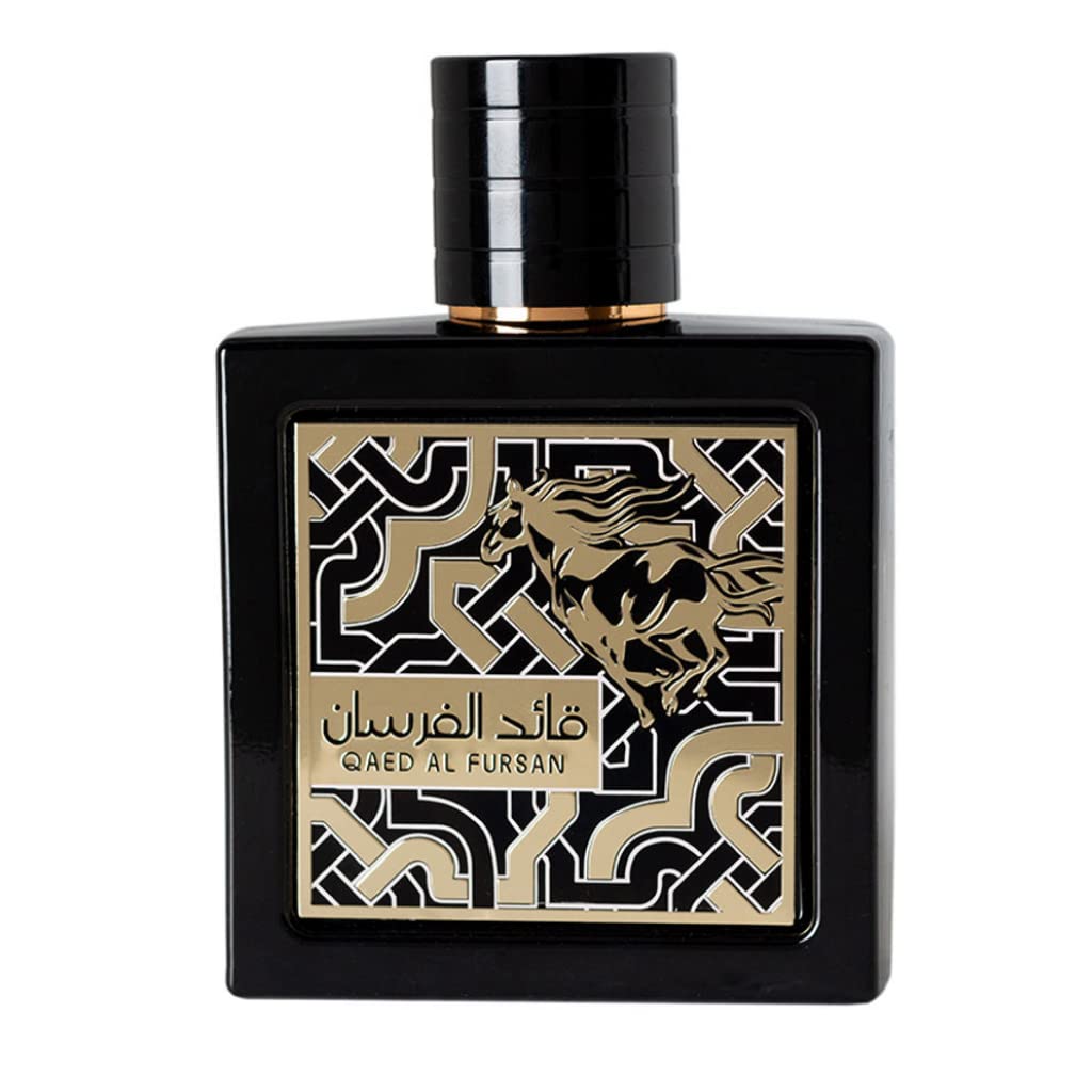 Lattafa Qaed Al Fursan outer box, luxurious gift-ready presentation hints.