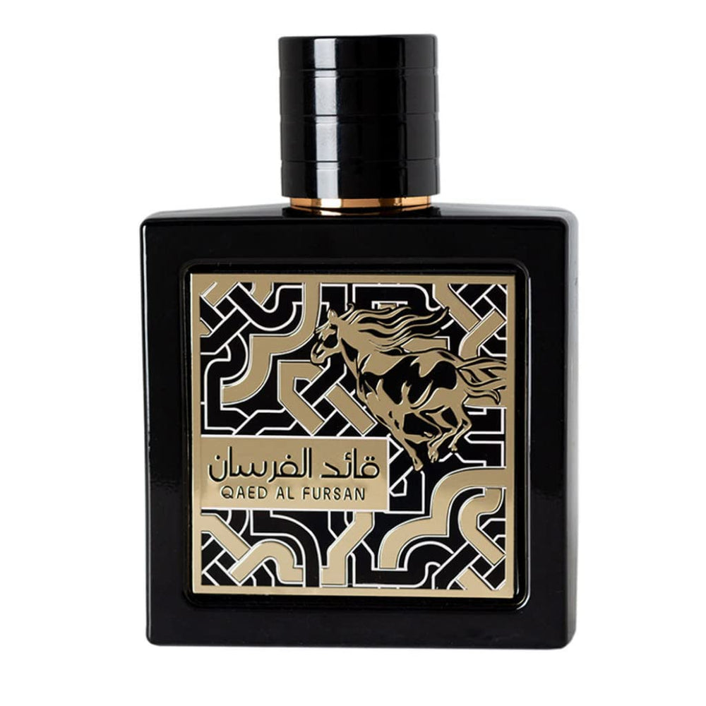 Lattafa Qaed Al Fursan outer box, luxurious gift-ready presentation hints.