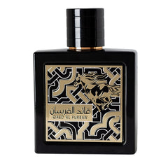 Lattafa Qaed Al Fursan outer box, luxurious gift-ready presentation hints.