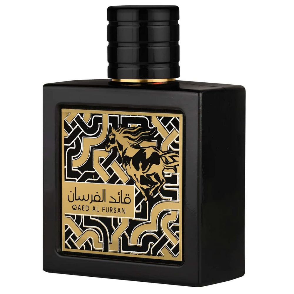Lattafa Qaed Al Fursan packaging box, premium unisex appeal for gifting.