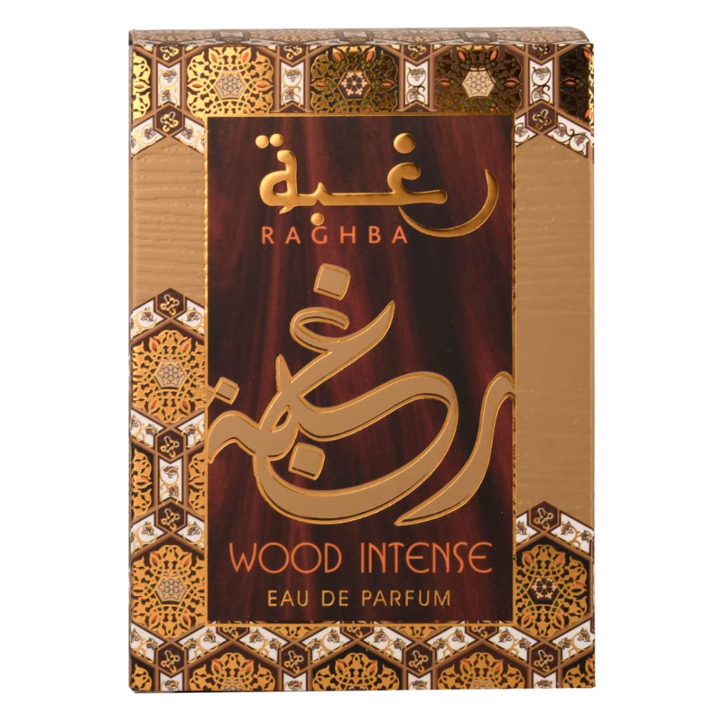 Lattafa Raghba Wood Intense packaging box showcases premium presentation