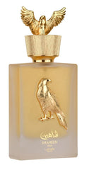 Lattafa Shaheen Gold spray on skin illustrating vibrant citrus opening.