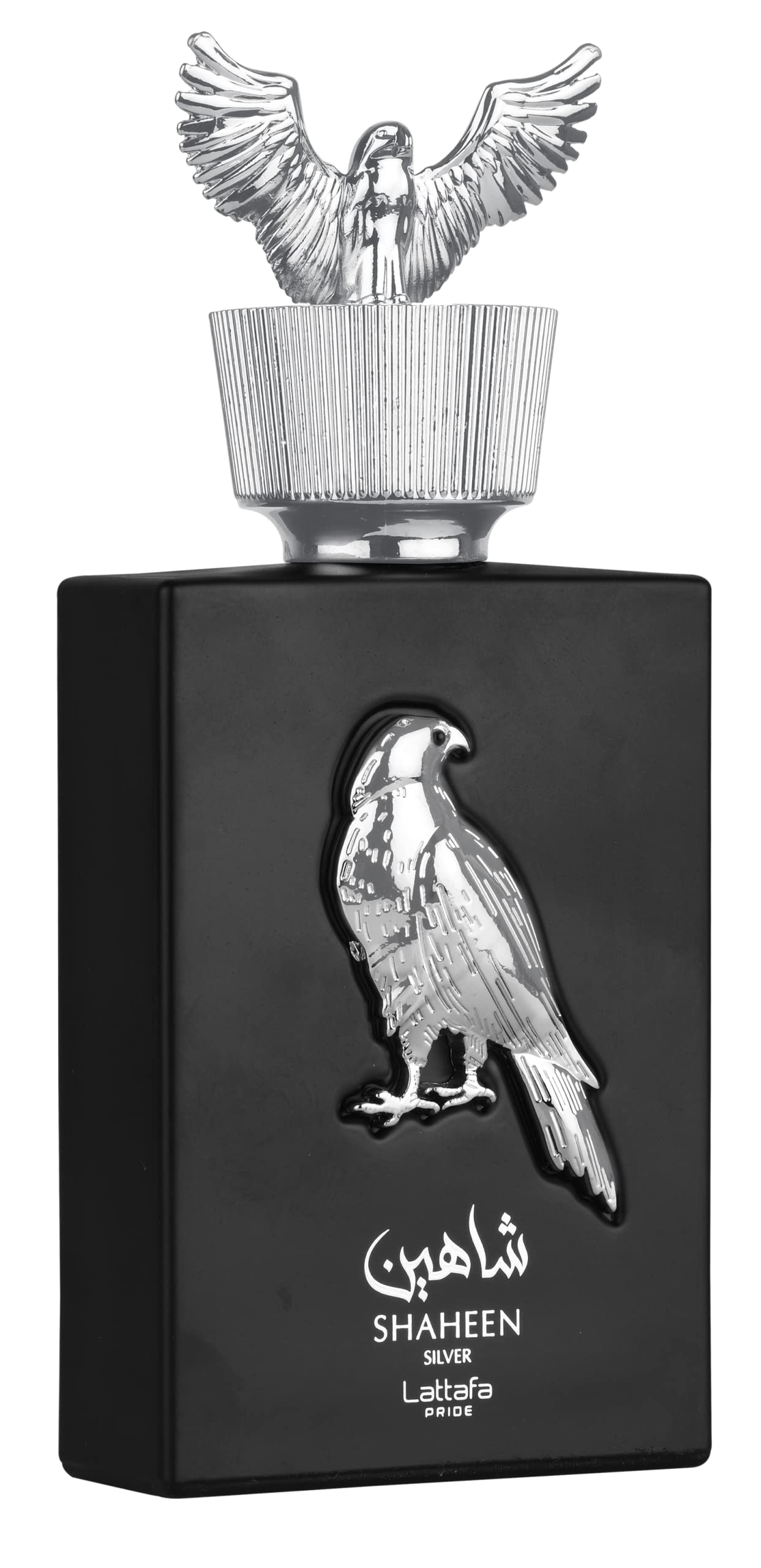 Lattafa Shaheen Silver bottle pour highlights a bright citrus opening for daily wear.