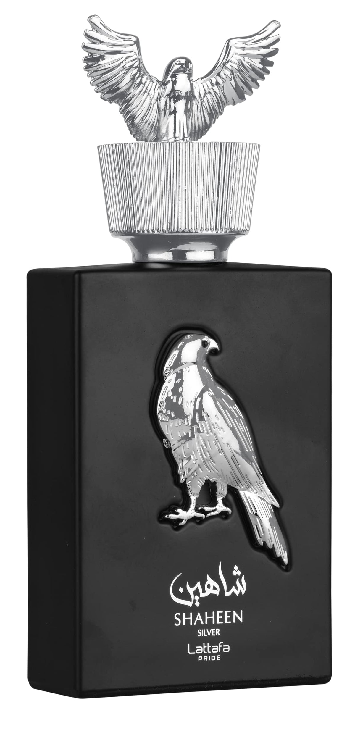Lattafa Shaheen Silver bottle pour highlights a bright citrus opening for daily wear.