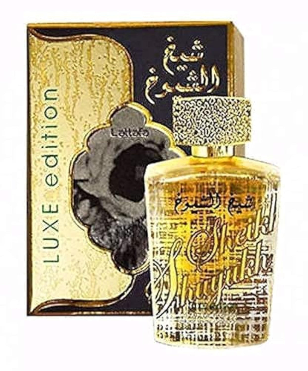 Lattafa Sheikh Al Shuyukh Luxe Edition bottle, premium oriental-spicy fragrance for evening wear