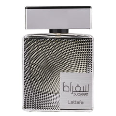 Lattafa Suqraat bottle top view, showcases masculine design for daily wear.