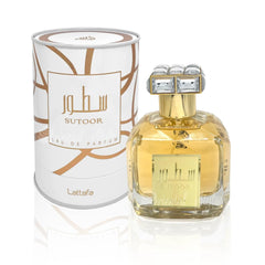 Lattafa Sutoor bottle closeup highlights creamy vanilla for everyday wear.