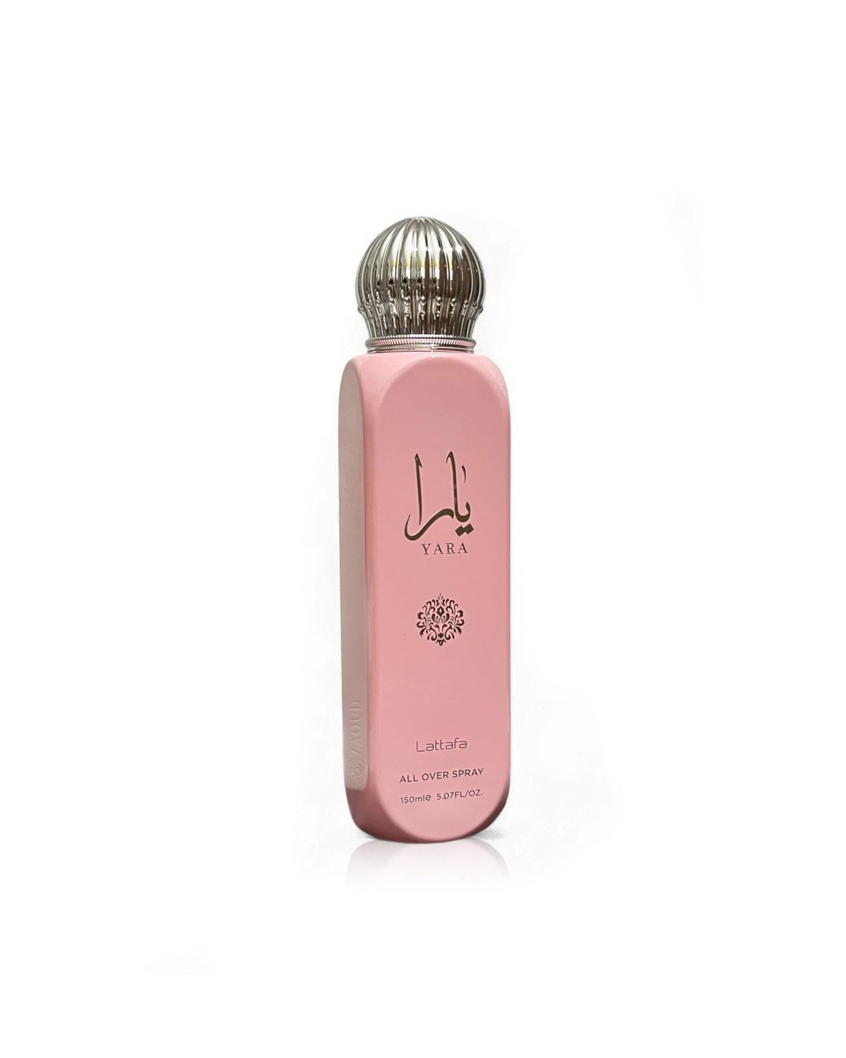 Lattafa Yara all over spray bottle highlights versatile body, hair, and clothes use.