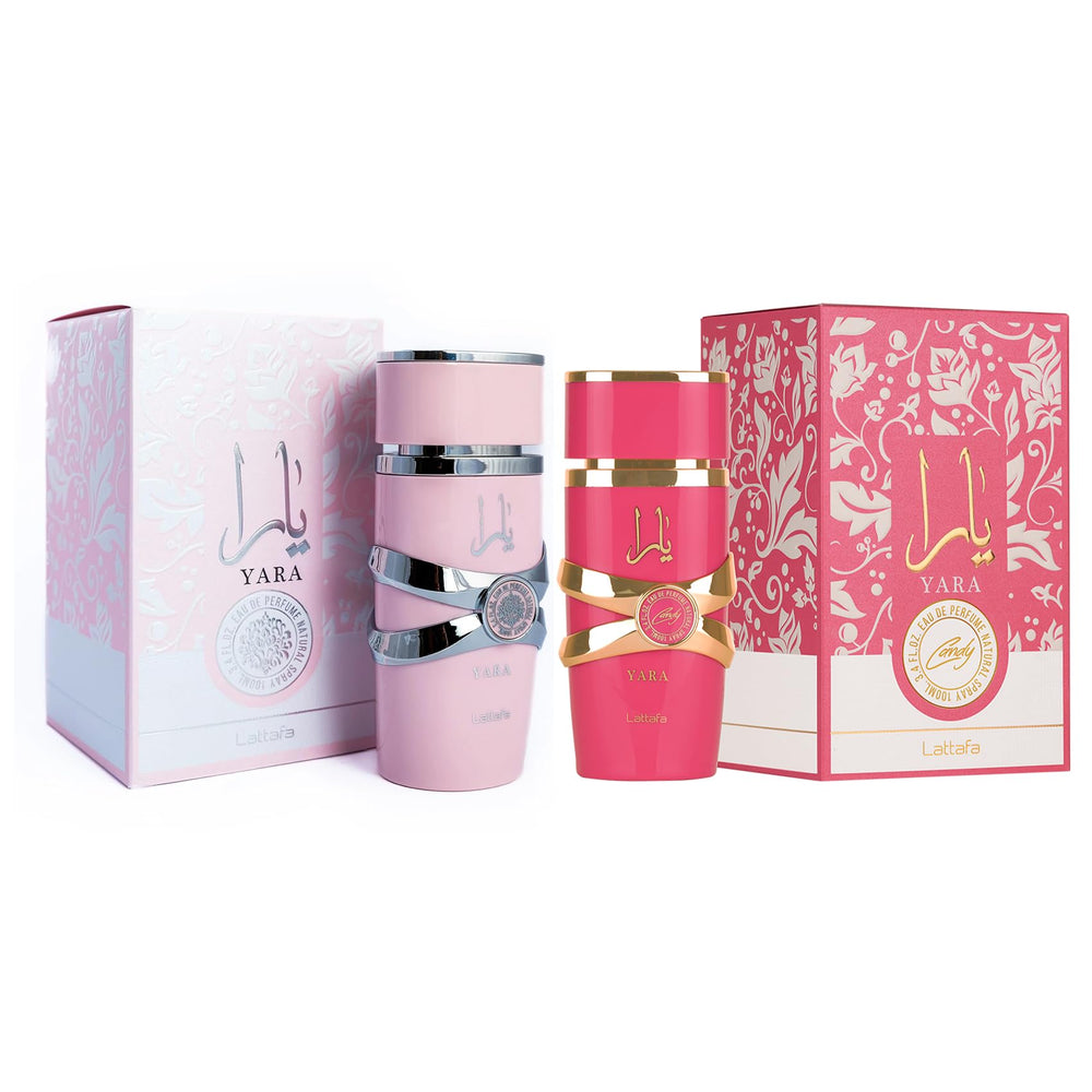 Lattafa Yara Candy EDP bottle close-up, playful floral-fruity vanilla base for evening radiance