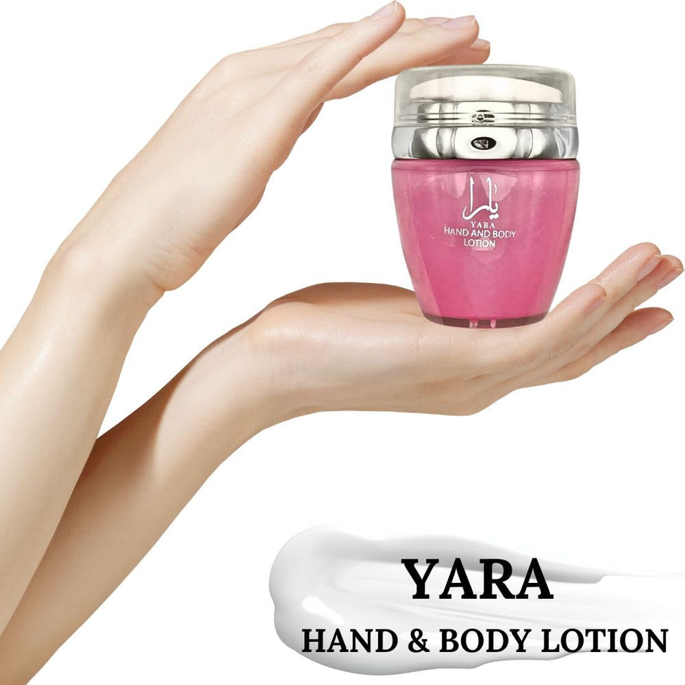 Lattafa YARA lotion packaging box display with product branding and scent notes.
