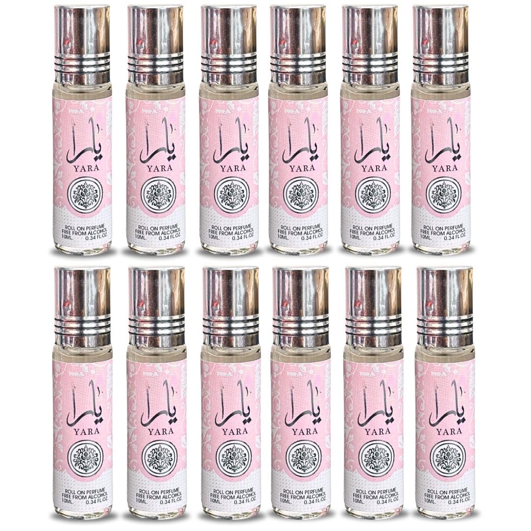Lattafa Yara roll-on bottle close-up, alcohol-free formula for long-lasting scent.