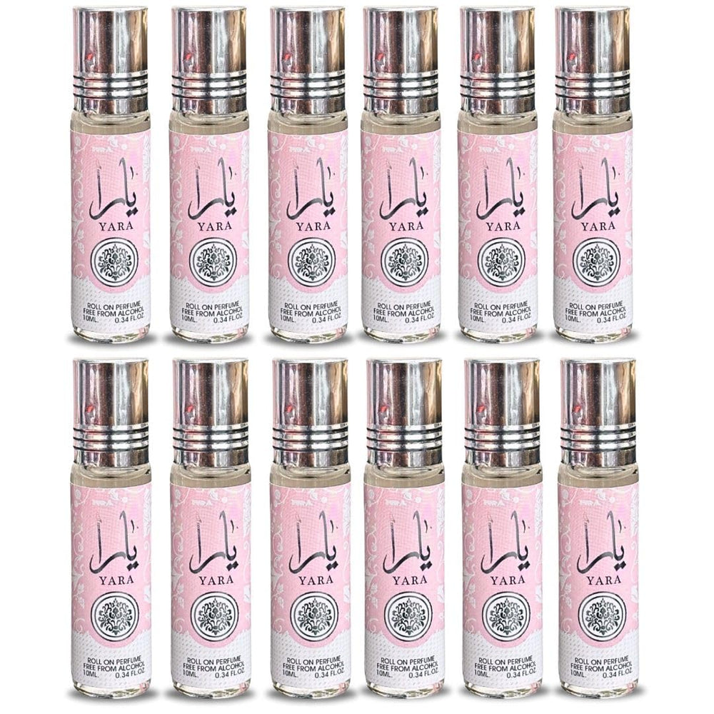 Lattafa Yara roll-on bottle close-up, alcohol-free formula for long-lasting scent.