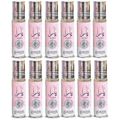 Lattafa Yara roll-on bottle close-up, alcohol-free formula for long-lasting scent.