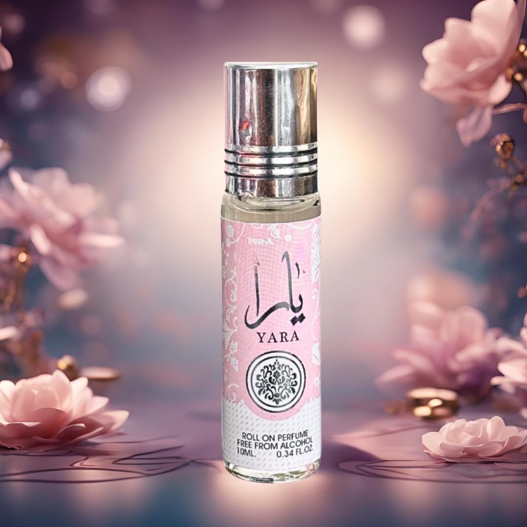 Lattafa Yara roll-on fragrance notes visuals, hints of vanilla and jasmine.