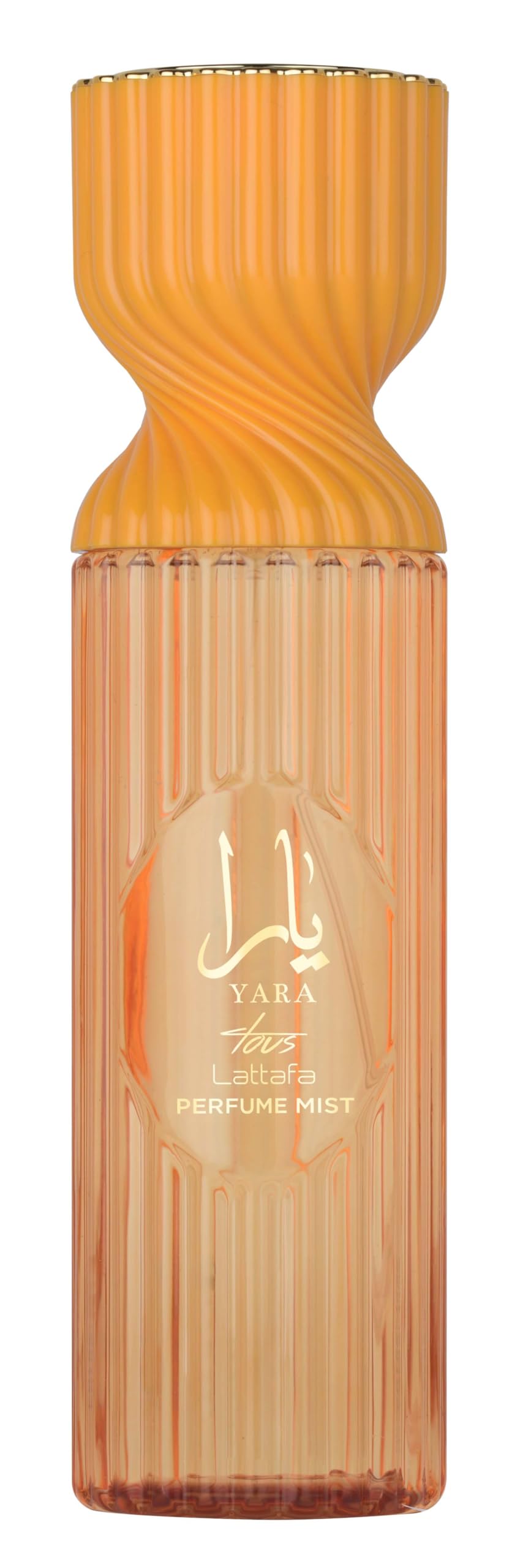 Lattafa Yara Tous perfume mist bottle shows tropical fruit notes for everyday freshness.