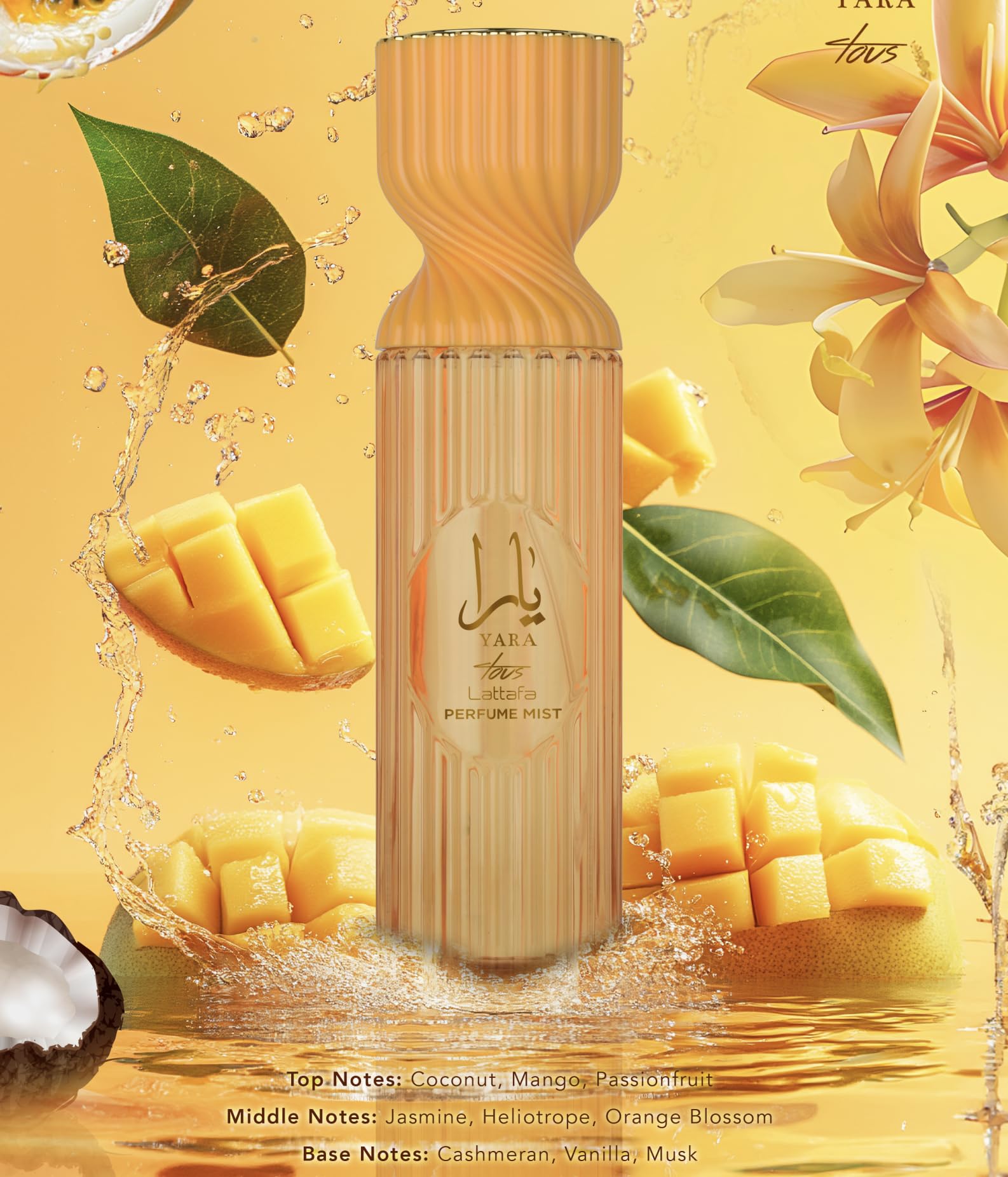 Lattafa Yara Tous perfume mist spray in action, delivering a lush, long-lasting scent.