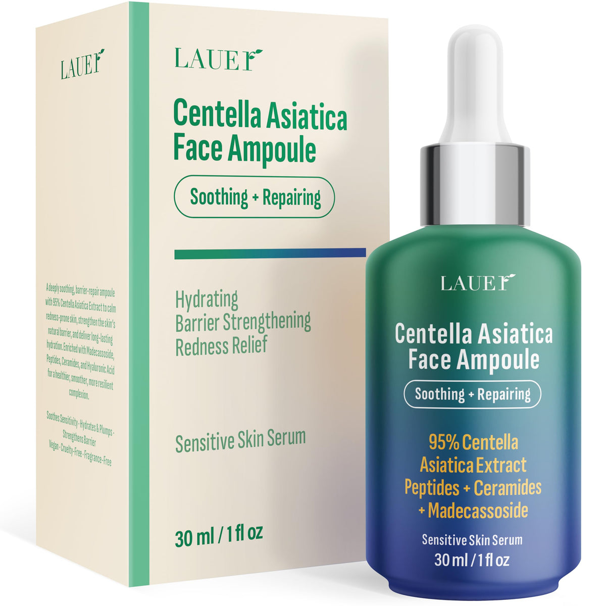 LAUER COSMETIC Centella Ampoule Serum bottle delivering lightweight hydration for sensitive skin.