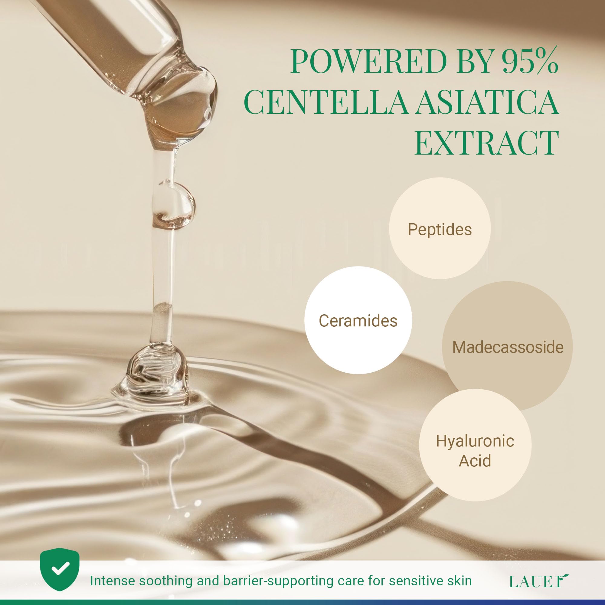 Packaging of LAUER COSMETIC Centella Serum highlights redness relief and vegan formula.