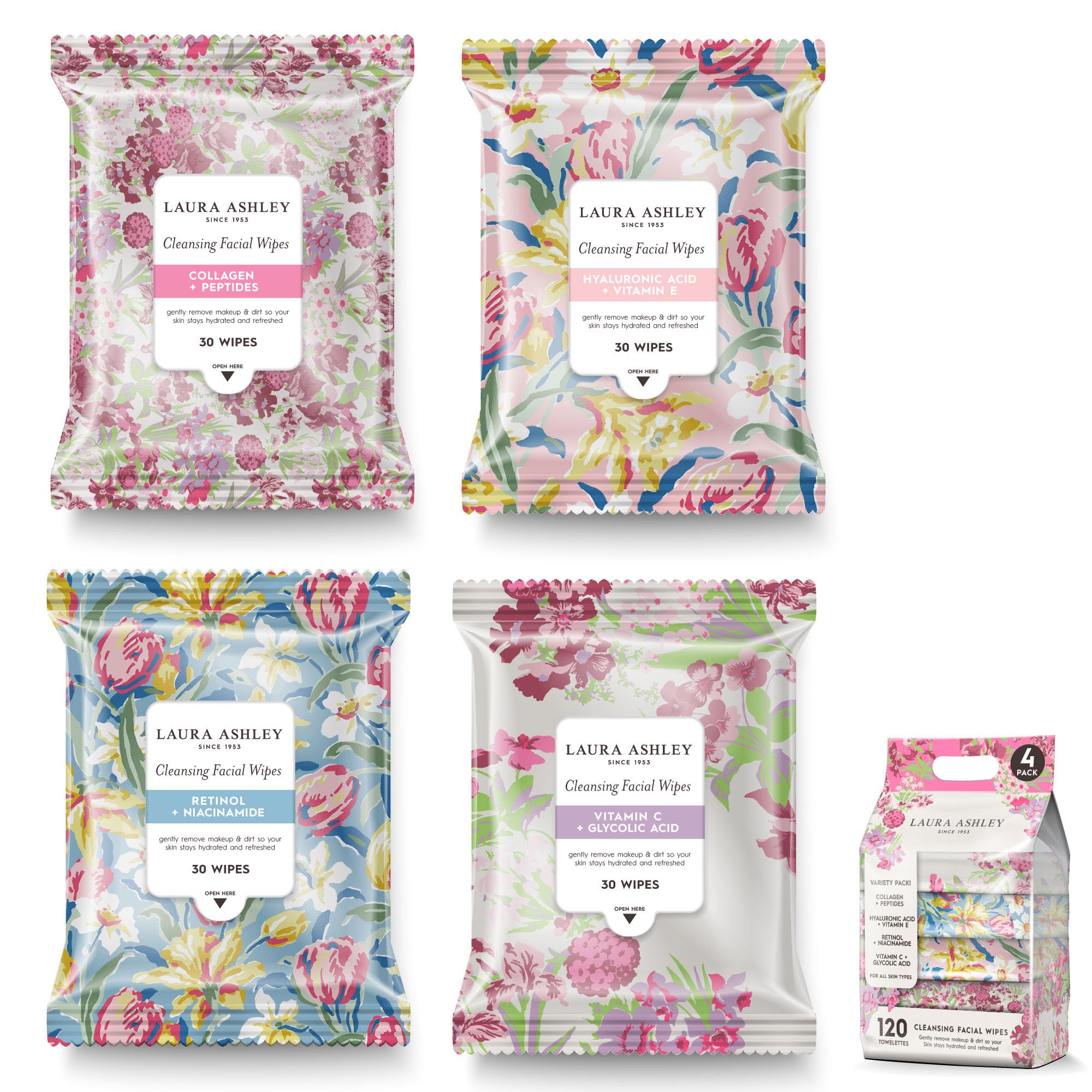 Laura Ashley face wipes 4-pack packaging—perfect for daily cleansing and makeup removal.