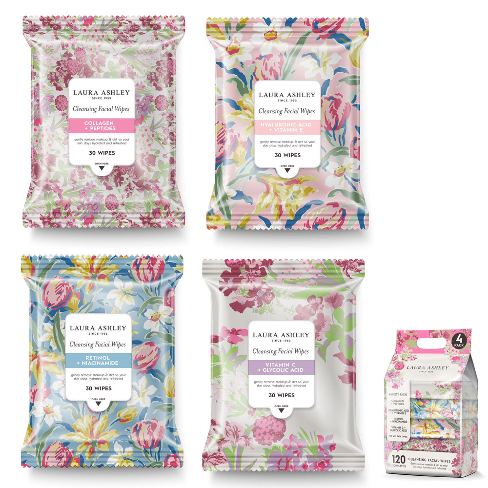 Laura Ashley face wipes 4-pack packaging—perfect for daily cleansing and makeup removal.