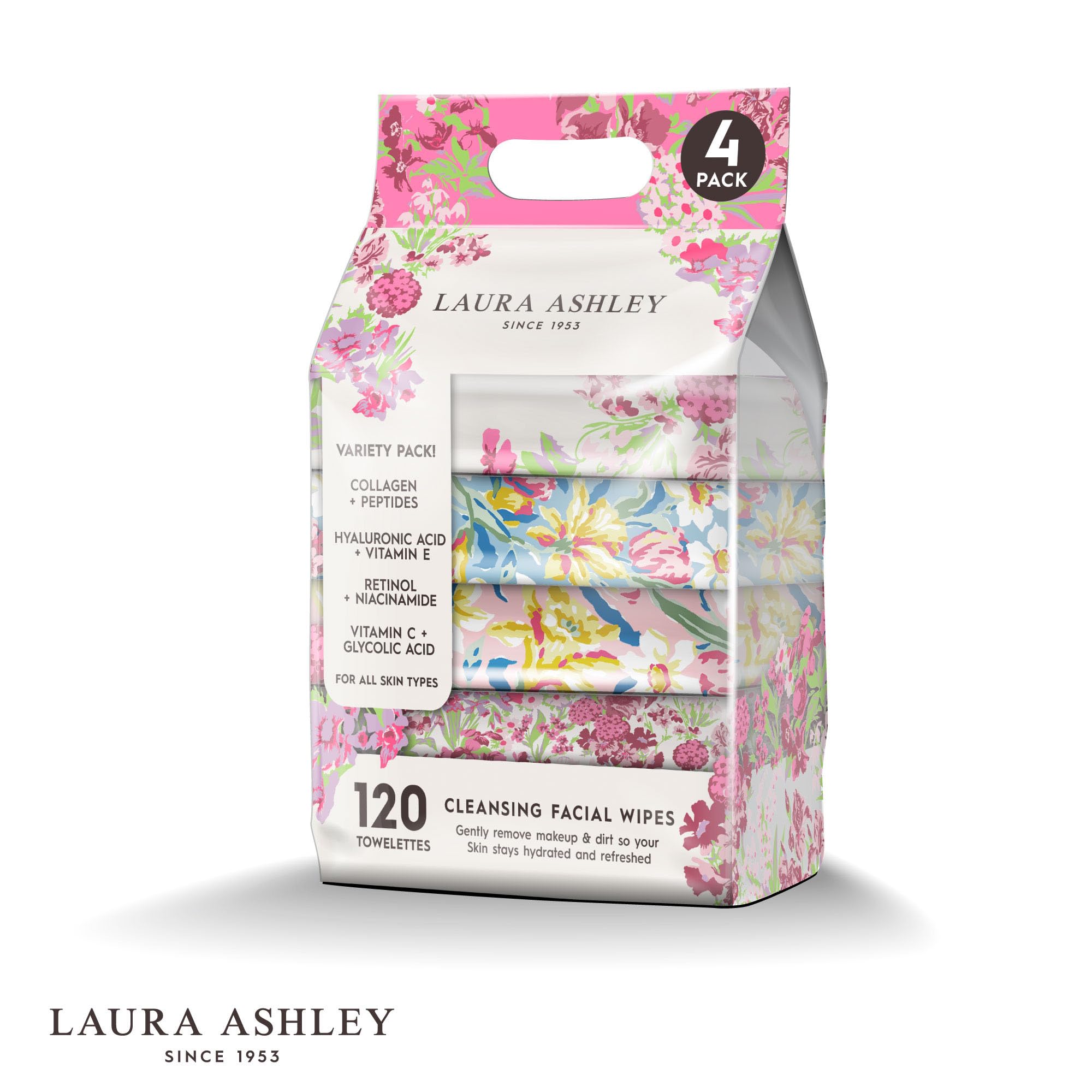 Laura Ashley wipes with collagen peptides deliver a rejuvenating cleanse.