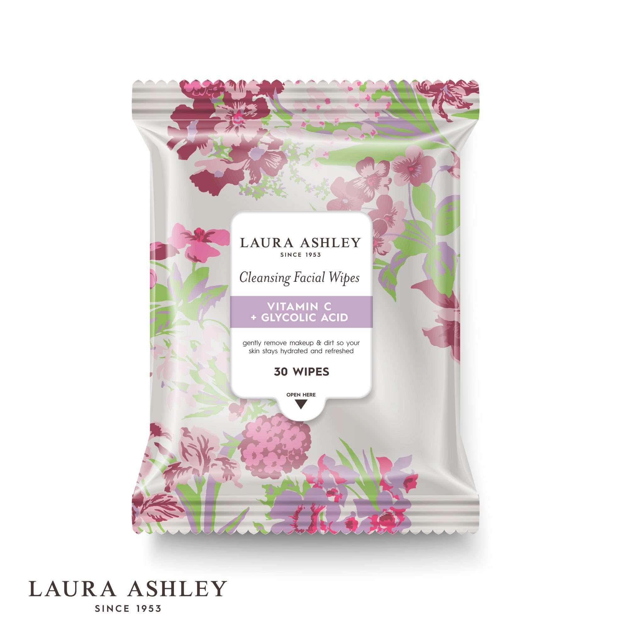 Laura Ashley hyaluronic acid and vitamin E wipe for deep hydration and nourishment.