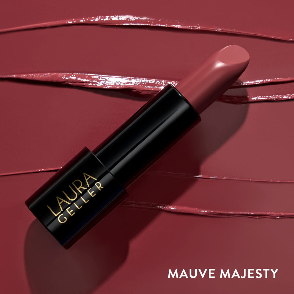 Laura Geller New York Modern Classic Lipstick Mauve Majesty packaging shot suggests premium, portable beauty.