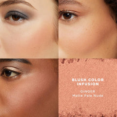 Application on cheek shows seamless blend and 10-hour wear potential.