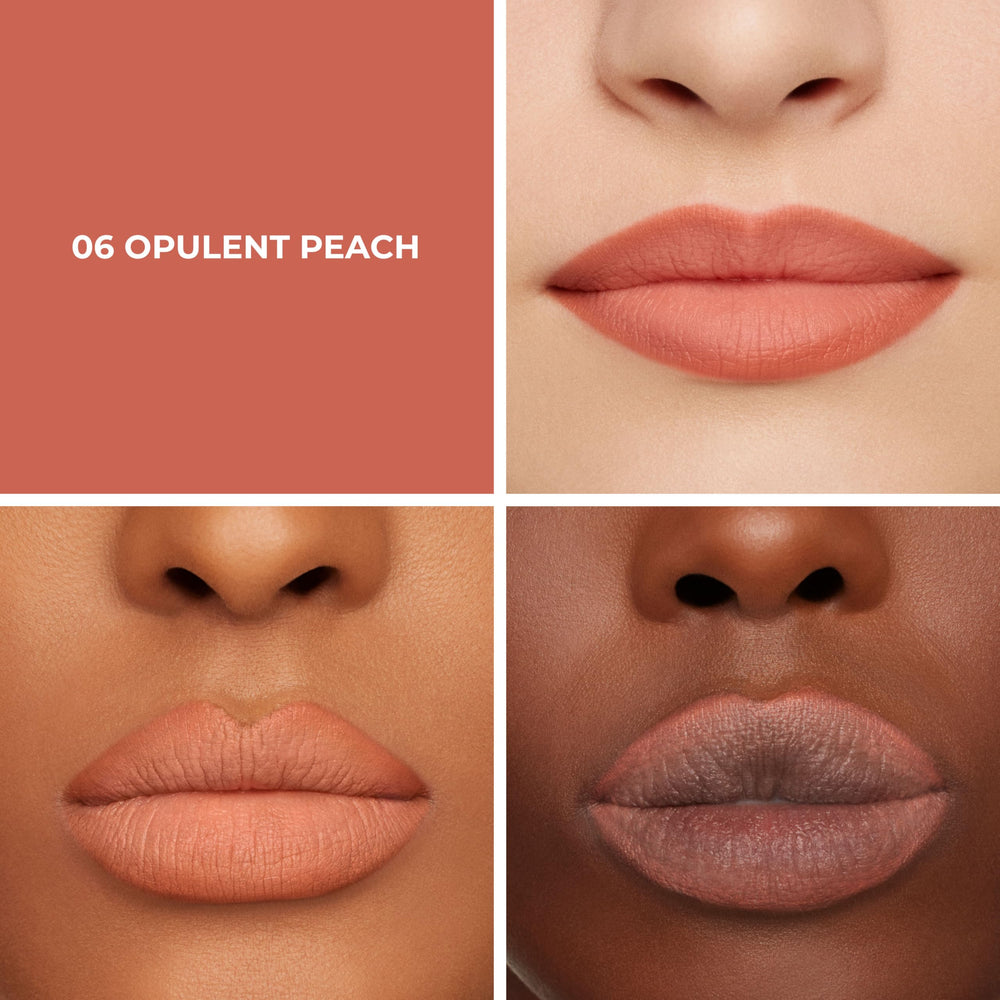 Laura Mercier Opulent Peach swatch shows long-wear color on skin.
