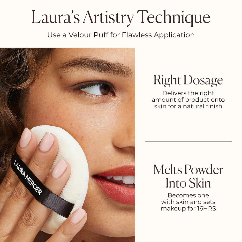 Laura Mercier mini translucent powder compact for travel touch-ups.