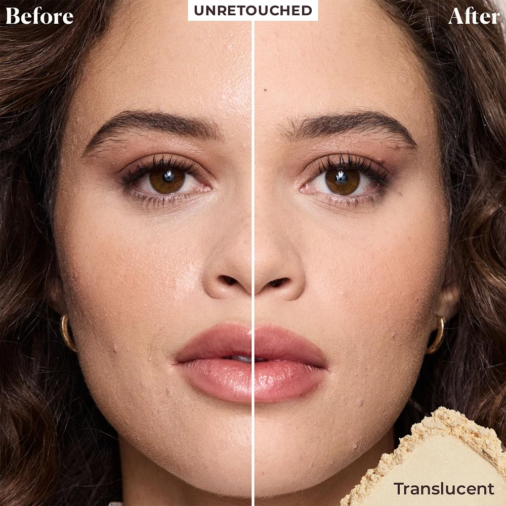 Laura Mercier powder on hand being applied for seamless, long-lasting set.