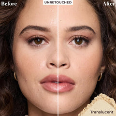 Laura Mercier powder on hand being applied for seamless, long-lasting set.