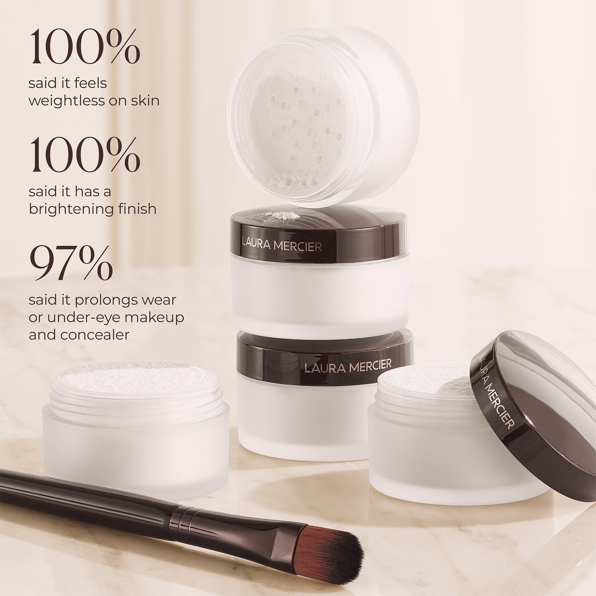 Laura Mercier Secret Brightening Powder captures light with pearls for luminous skin.