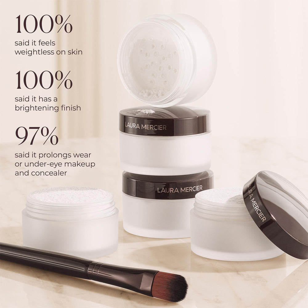 Laura Mercier Secret Brightening Powder captures light with pearls for luminous skin.