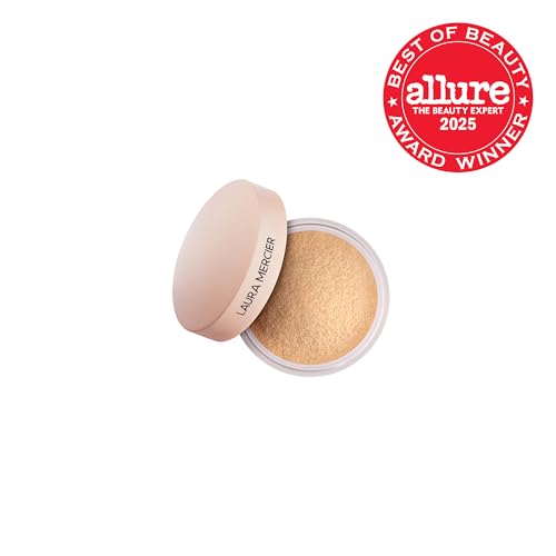 Laura Mercier talc-free setting powder packaging highlighting clean, fragrance-free formula
