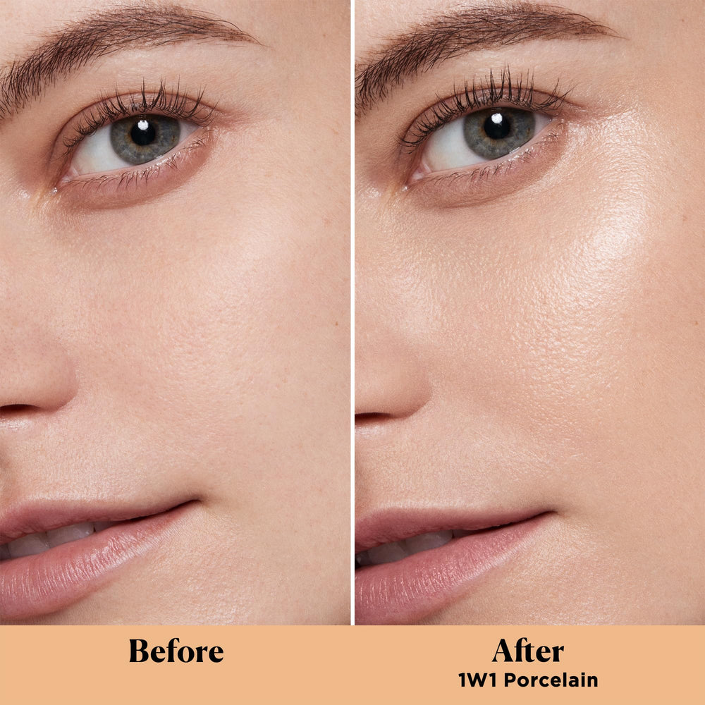 Laura Mercier Tinted Moisturizer Light Revealer porcelain shade swatch shows sheer buildable coverage.