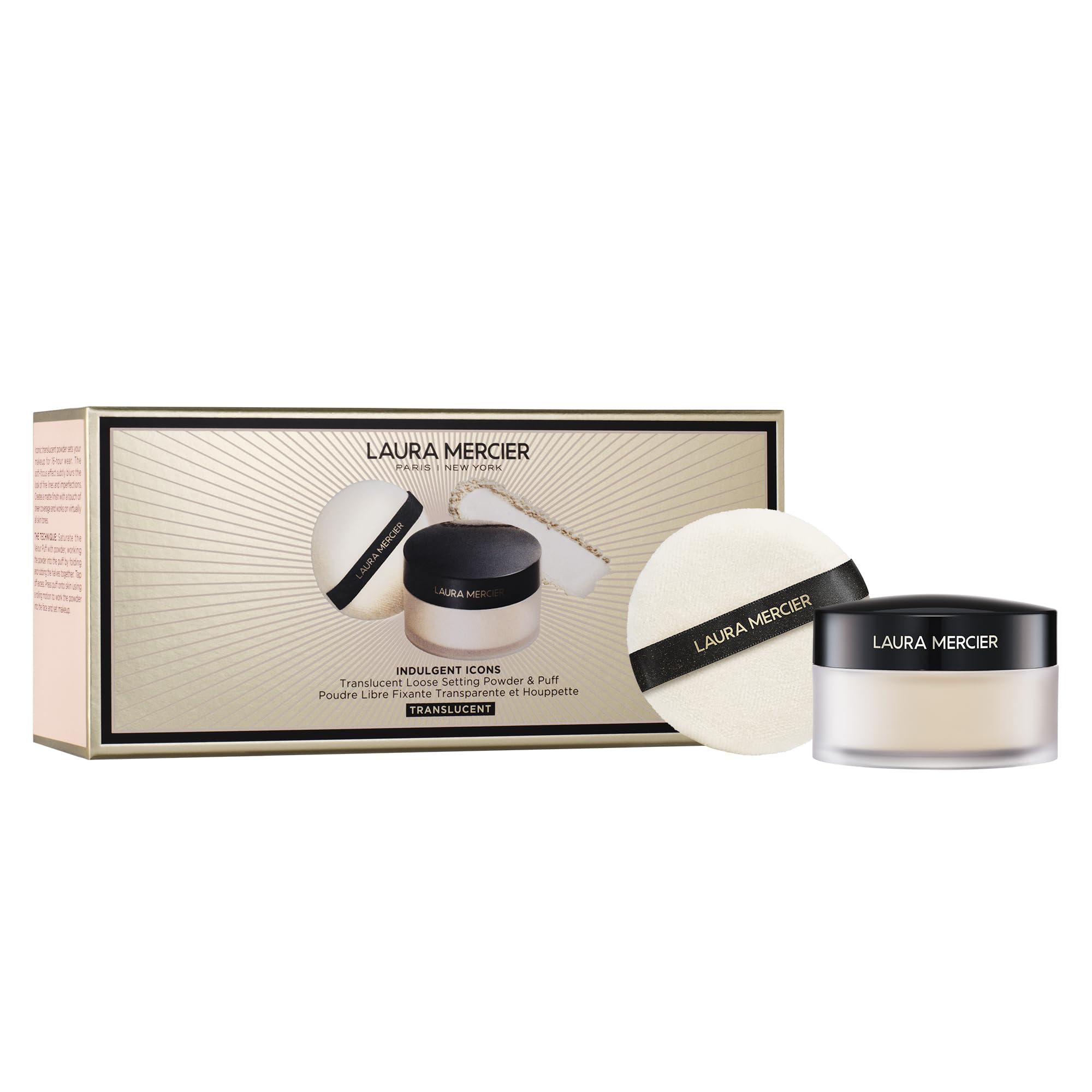 Laura Mercier Translucent Loose Setting Powder bottle closeup showing sheer, long-wear coverage