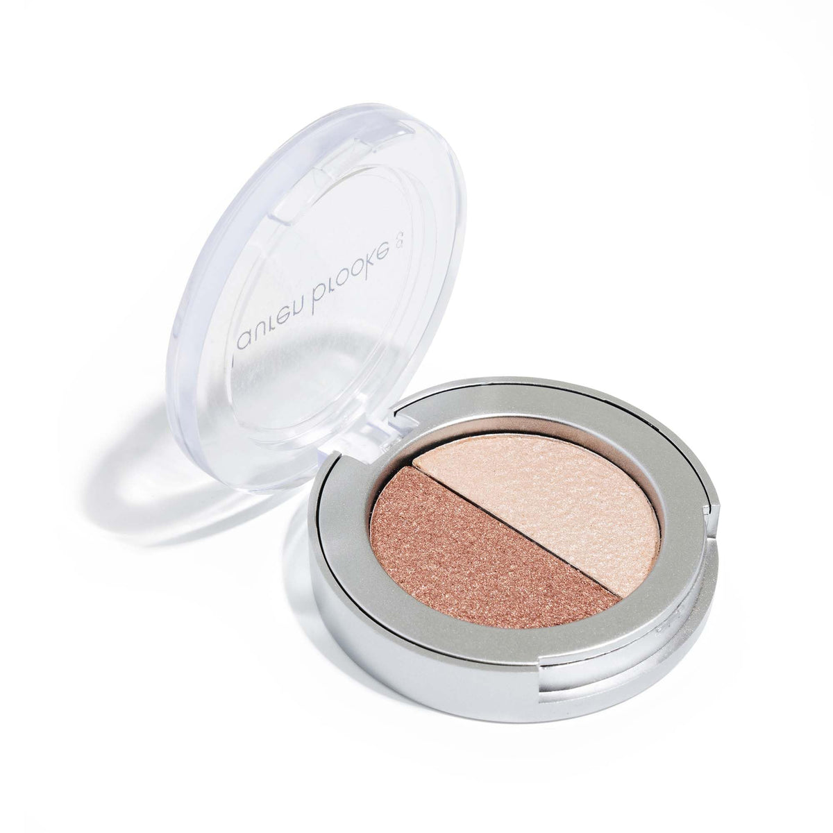 Lauren Brooke pressed eyeshadow duo cappuccino-pearl compact showing rich color payoff.
