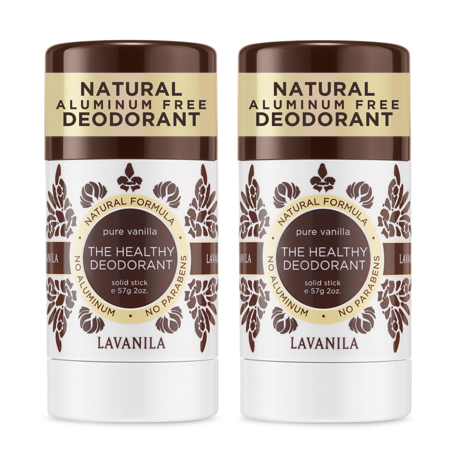 Lavanila Pure Vanilla deodorant stick front view with 2 oz size.
