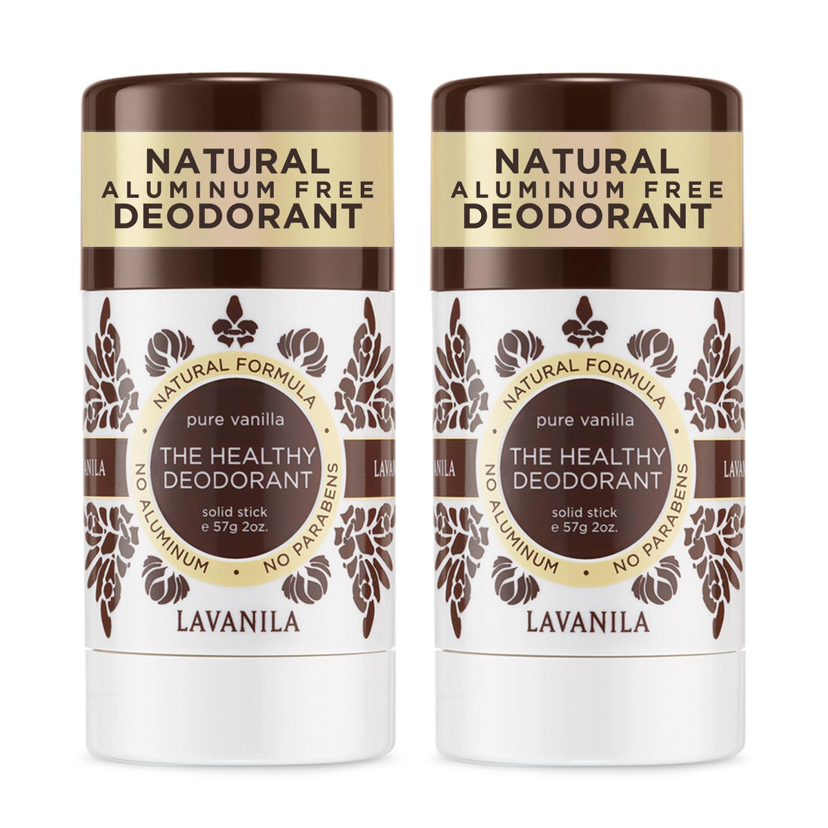 Lavanila Pure Vanilla deodorant stick front view with 2 oz size.