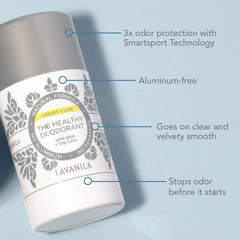 Lavanila deodorant stick cap close-up showing vegan, cruelty-free branding.