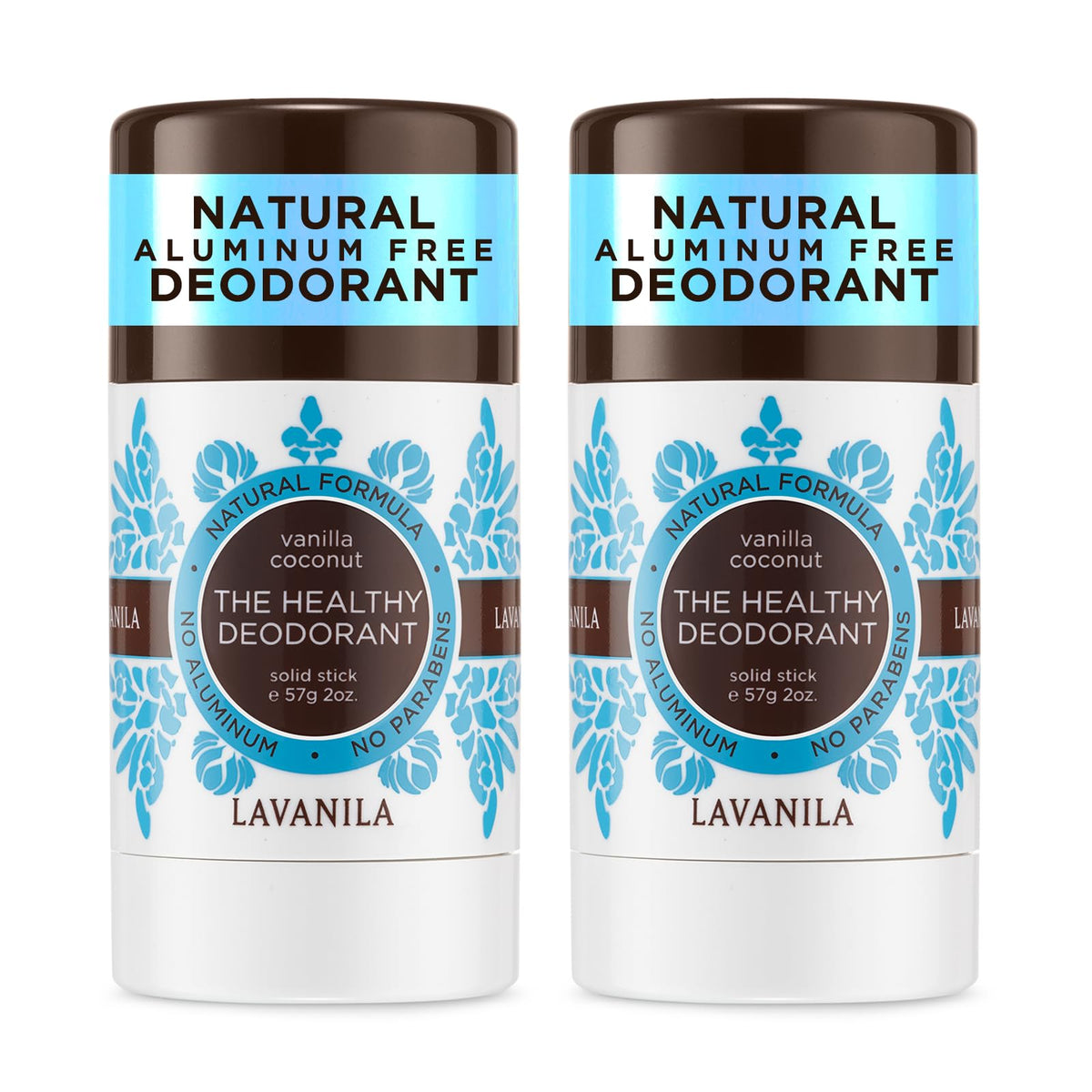 Lavanila Vanilla Coconut Deodorant pack front view shows two-pack value