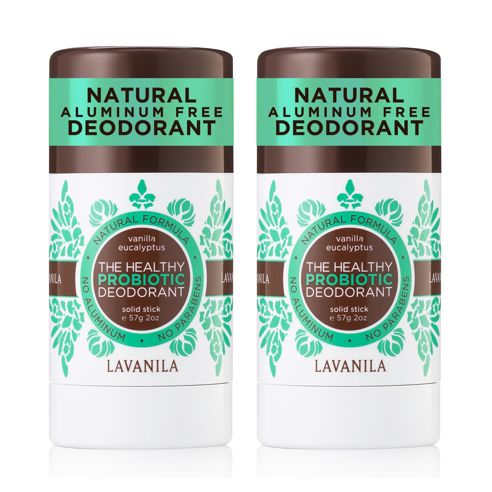 Lavanila Vanilla Eucalyptus deodorant stick two-pack for aluminum-free protection.