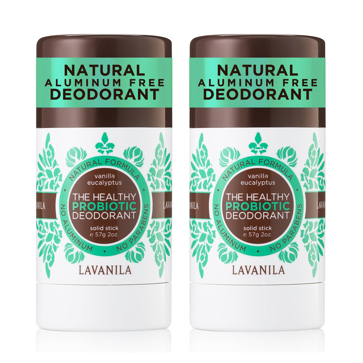 Lavanila Vanilla Eucalyptus deodorant stick two-pack for aluminum-free protection.