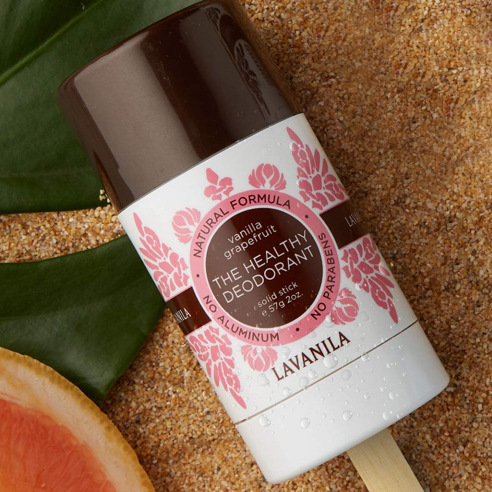 Lavanila Vanilla Grapefruit deodorant label ingredients lists natural, skin-friendly components.