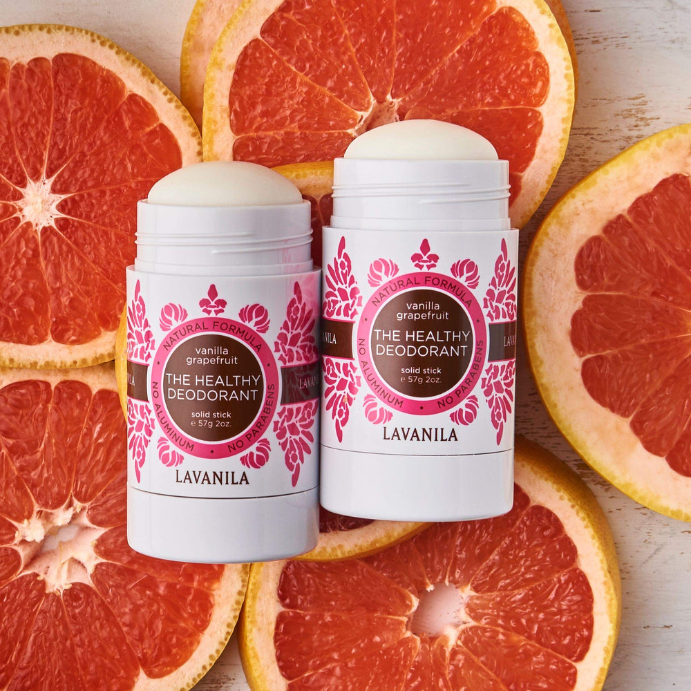 Lavanila Vanilla Grapefruit deodorant stick application demonstrates smooth, non-staining glide.