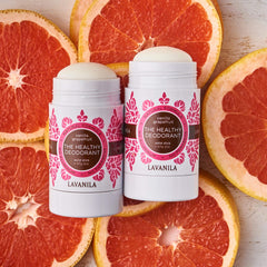 Lavanila Vanilla Grapefruit deodorant stick application demonstrates smooth, non-staining glide.