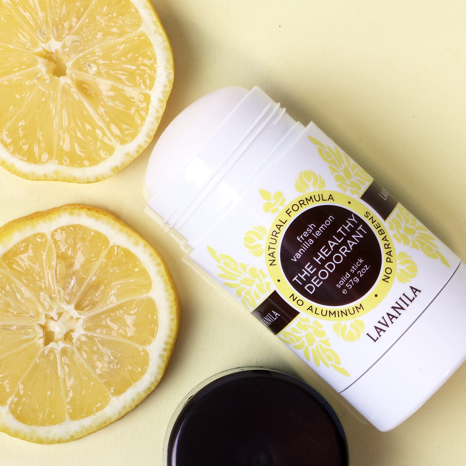 Lavanila Vanilla Lemon deodorant award badge noting Allure Best of Beauty recognition.