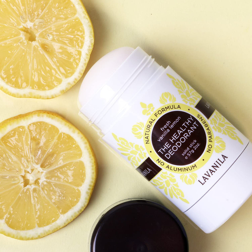 Lavanila Vanilla Lemon deodorant award badge noting Allure Best of Beauty recognition.